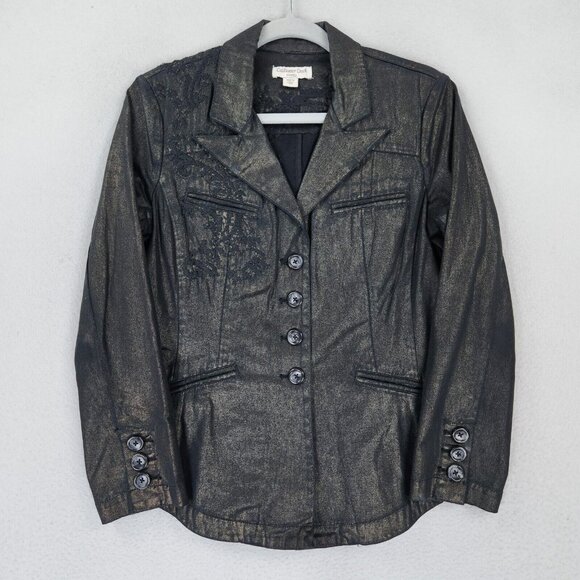 Coldwater Creek Jacket Womens 8 Petite Black Gold Embroidered Shaped Lightweight - Picture 1 of 11